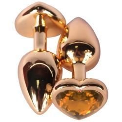 Metalowy Korek Analny z Pomarańczowym Kryształkiem Gold Diamond Plug Heart Orange