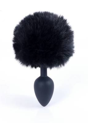 Silikonowy Korek Analny z Futerkowym Pomponem - Bunny Tail Black